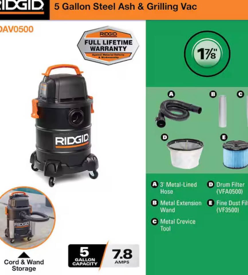 New RIDGID 5 Gallon Steel Ash & Grilling Vac